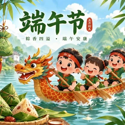 Dragon Boat Festival illustration — children rowing a dragon boat with rice dumplings